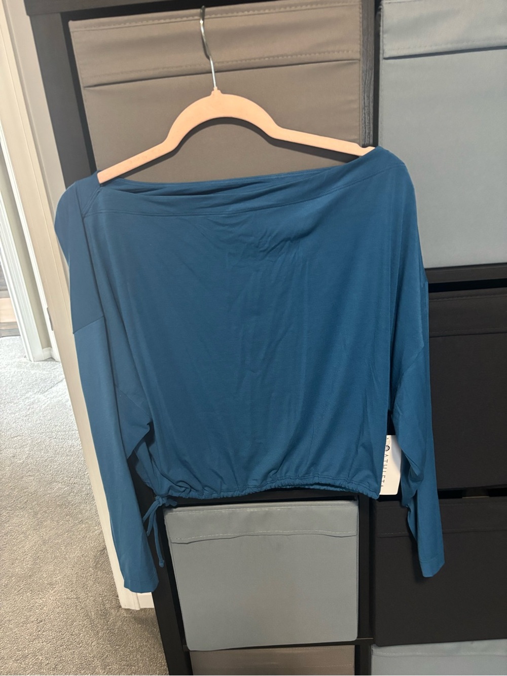 Athleta Teal Boatneck Long Sleeve Drawstring Top